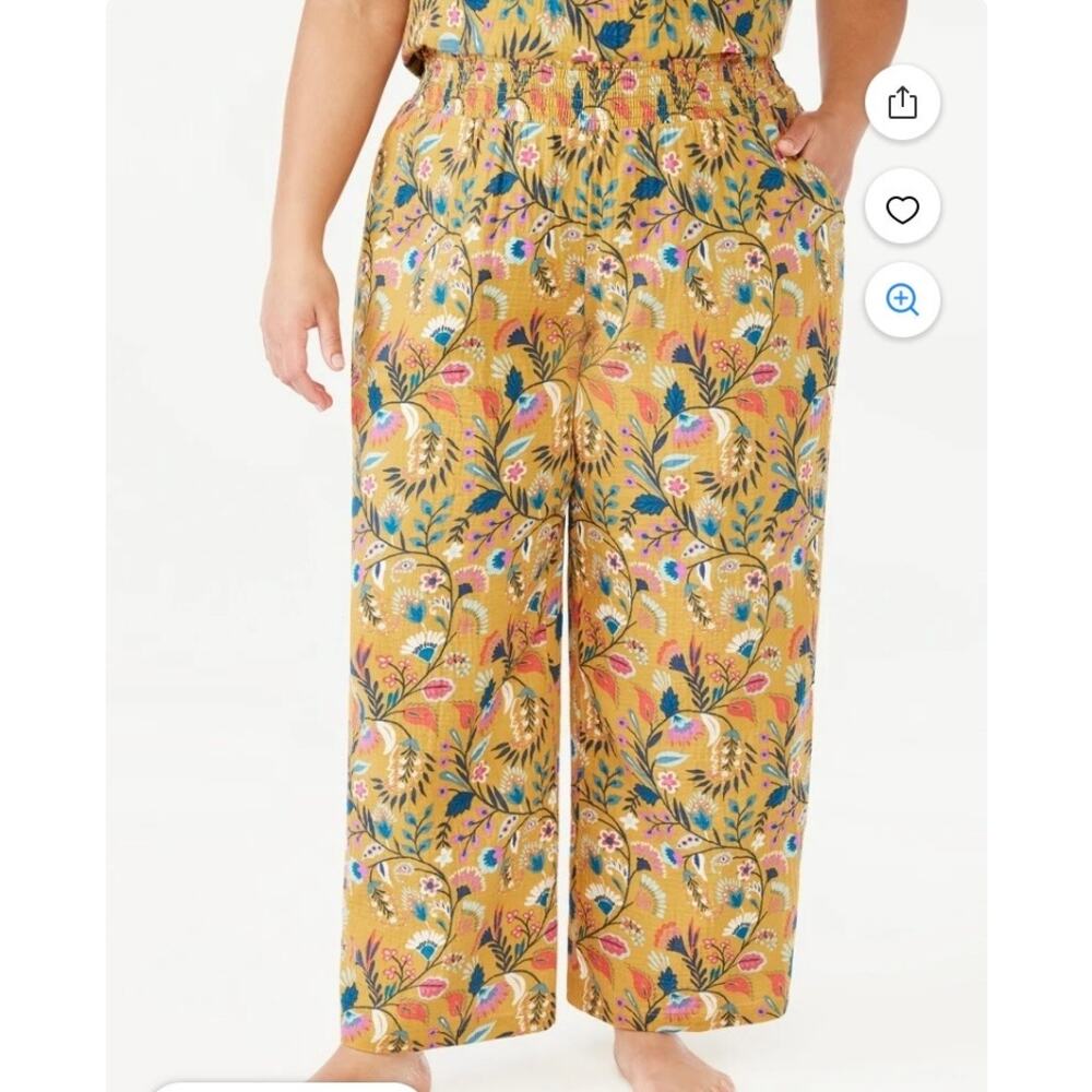 Joyspun Sz L Floral Print Smocked Waist Wide Leg Gauzy Cotton Pants Loungewear